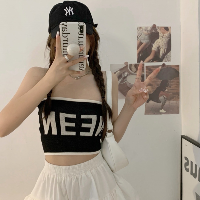 Top tricotat tip tub fără bretele, Slim fit, ultra-scurt, viscoză