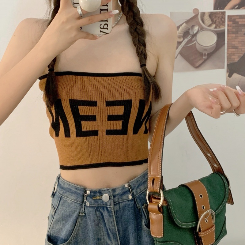 Top tricotat tip tub fără bretele, Slim fit, ultra-scurt, viscoză