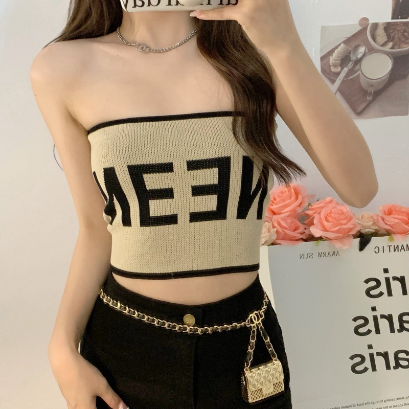 Top tricotat tip tub fără bretele, Slim fit, ultra-scurt, viscoză