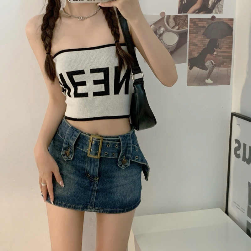 Top tricotat tip tub fără bretele, Slim fit, ultra-scurt, viscoză