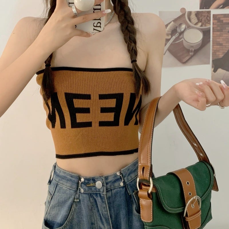 Top tricotat tip tub fără bretele, Slim fit, ultra-scurt, viscoză