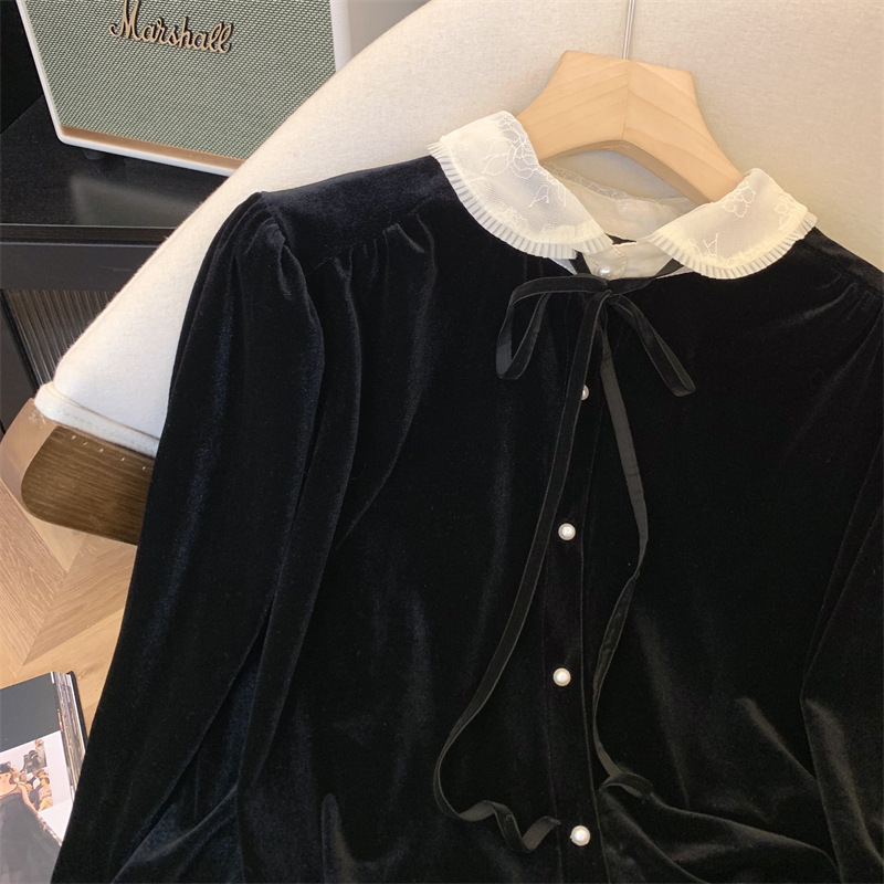 Košulja od chenille, Doll Collar ovratnik, rukavi zvonasti, slobodan kroj, Polyester 80-90%, Spandex <30%