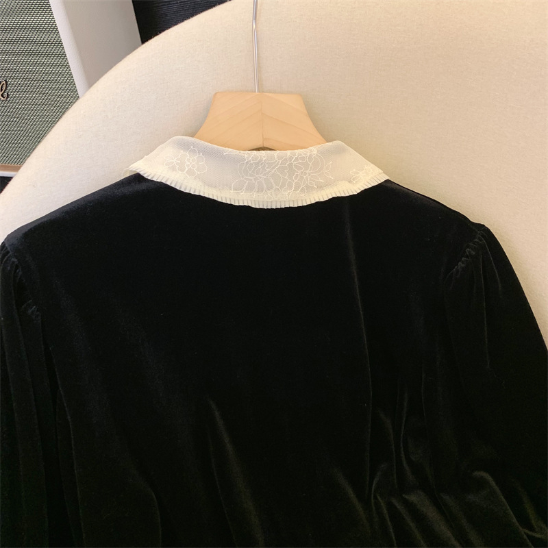 Košulja od chenille, Doll Collar ovratnik, rukavi zvonasti, slobodan kroj, Polyester 80-90%, Spandex <30%