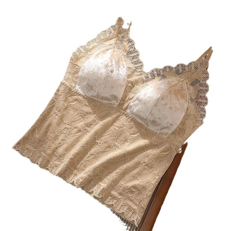 Jesen-zimska čipkasta camisol od zlatnog velura, s umetkom za prsa i stražnjim dizajnom