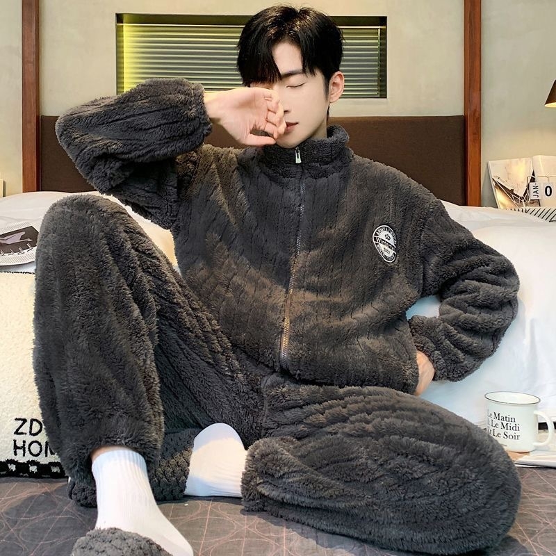 Férfi coral velúr lounge ruha, extra vastag téli pizsama szett álló gallérral és hosszú nadrággal, minimalistikus, laza otthoni viselet