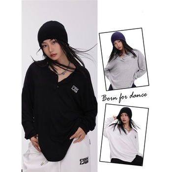 Moteriški kasdieniai poliesterio marškinėliai su ilgomis rankovėmis, apykaklė su klopu, 90–95% poliesterio sudėtis, japonų/korejiečių laisvalaikio stilius