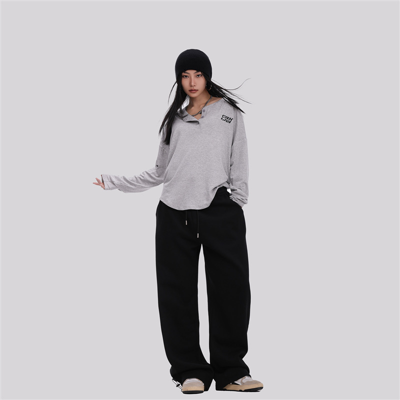 Moteriški kasdieniai poliesterio marškinėliai su ilgomis rankovėmis, apykaklė su klopu, 90–95% poliesterio sudėtis, japonų/korejiečių laisvalaikio stilius