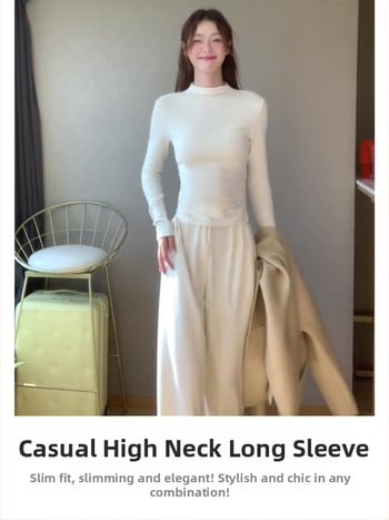 Viskozės pluošto vienos spalvos ilgos rankovės topas su puse turtleneck kaklu, siauras kirpimas