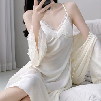 Δύο‑μέρη σετ ύπνου από ice silk – νυχτικό με μακριά φούστα σε παλατινό στυλ, λεπτό ύφασμα 101–120 g/m², μακριές μανίκες