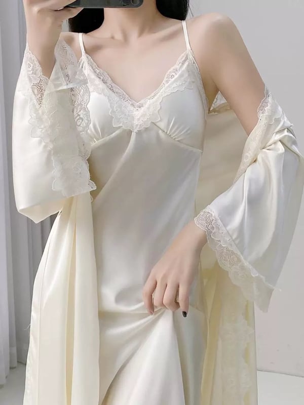 Δύο‑μέρη σετ ύπνου από ice silk – νυχτικό με μακριά φούστα σε παλατινό στυλ, λεπτό ύφασμα 101–120 g/m², μακριές μανίκες