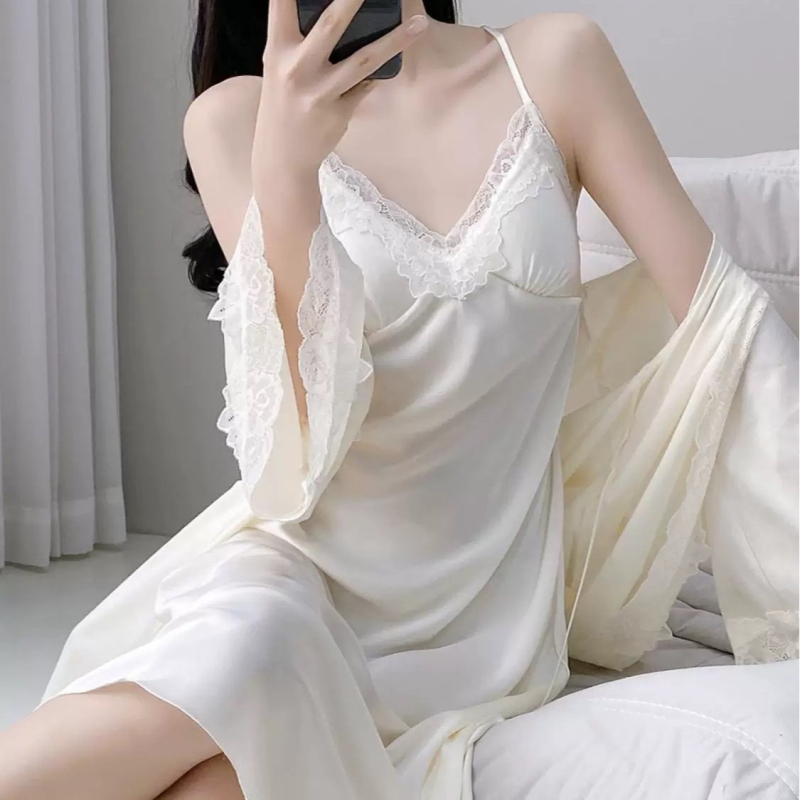 Δύο‑μέρη σετ ύπνου από ice silk – νυχτικό με μακριά φούστα σε παλατινό στυλ, λεπτό ύφασμα 101–120 g/m², μακριές μανίκες