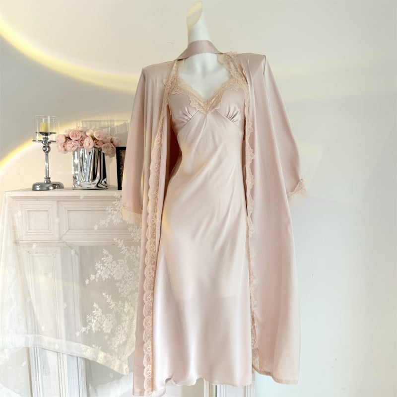 Δύο‑μέρη σετ ύπνου από ice silk – νυχτικό με μακριά φούστα σε παλατινό στυλ, λεπτό ύφασμα 101–120 g/m², μακριές μανίκες