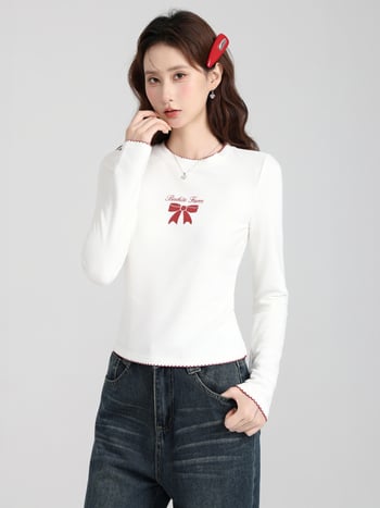 Moteriškas viršutinis topas su fliso pamušalu, kaspinė mazgas, apvali apykaklė, ilgos rankovės, siauras kirpimas