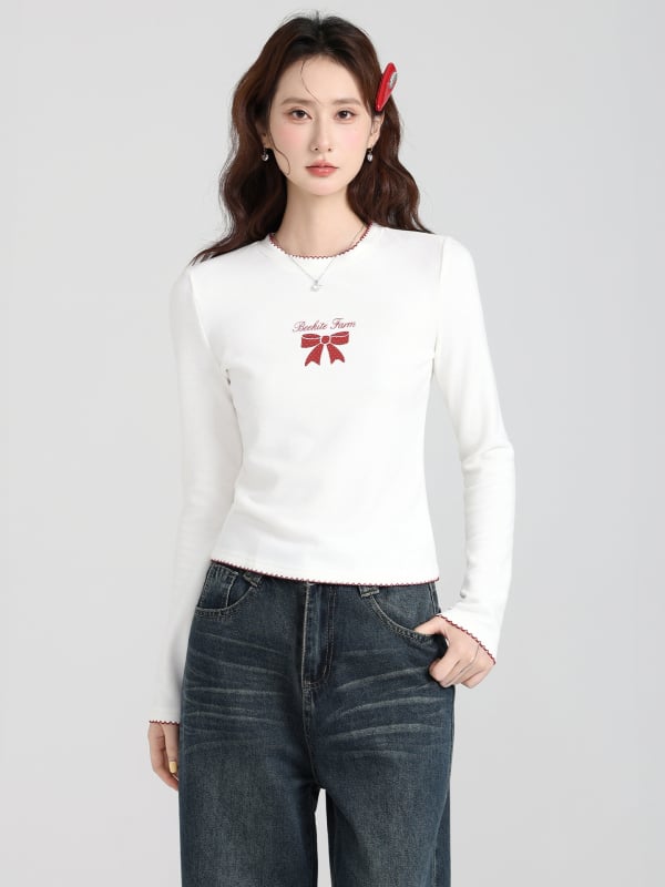 Moteriškas viršutinis topas su fliso pamušalu, kaspinė mazgas, apvali apykaklė, ilgos rankovės, siauras kirpimas