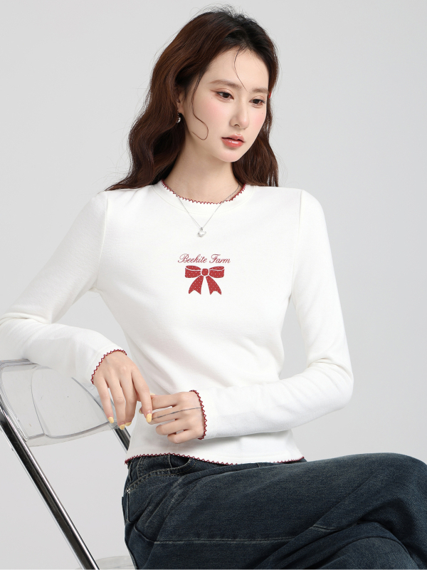 Moteriškas viršutinis topas su fliso pamušalu, kaspinė mazgas, apvali apykaklė, ilgos rankovės, siauras kirpimas