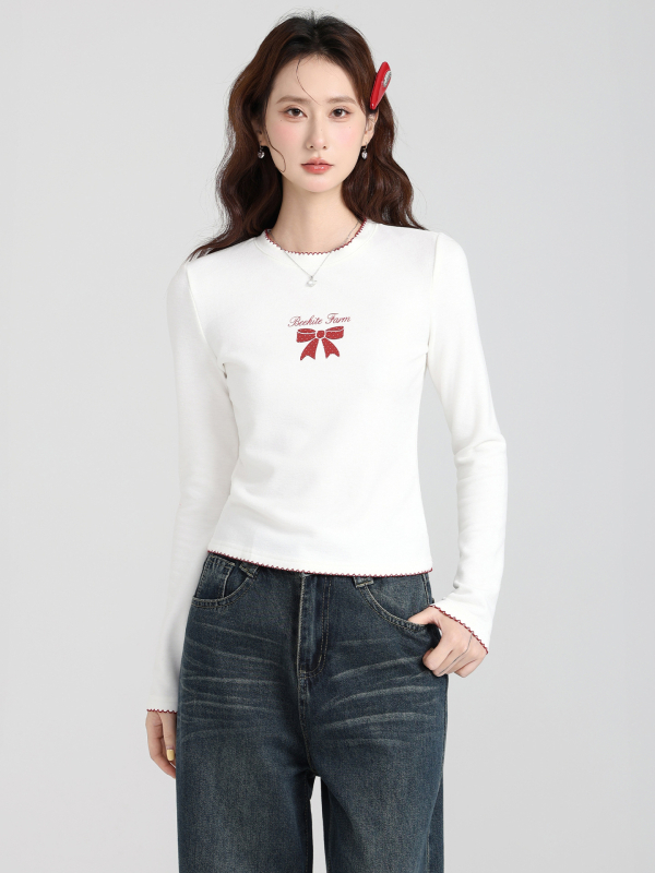 Moteriškas viršutinis topas su fliso pamušalu, kaspinė mazgas, apvali apykaklė, ilgos rankovės, siauras kirpimas