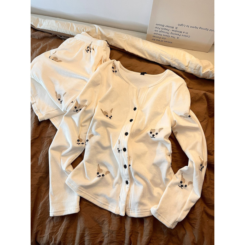 Ženski set pidžama s cardiganom i hlačama, V-izrez, dugi rukav, poliester 90–95%, 251–300 g/m², debeo, zima jesen, za domom ili van