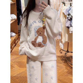 Ženski pajamski set od polvelura, debeli zimski topli, sladak medvjeđi uzorak, pogodan za kućnu i vanjsku upotrebu