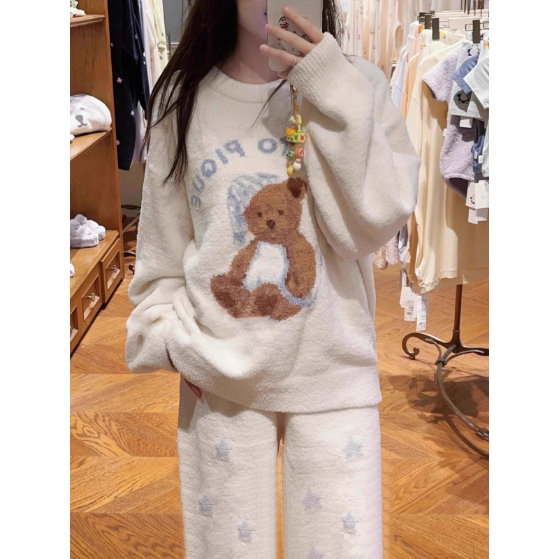 Ženski pajamski set od polvelura, debeli zimski topli, sladak medvjeđi uzorak, pogodan za kućnu i vanjsku upotrebu