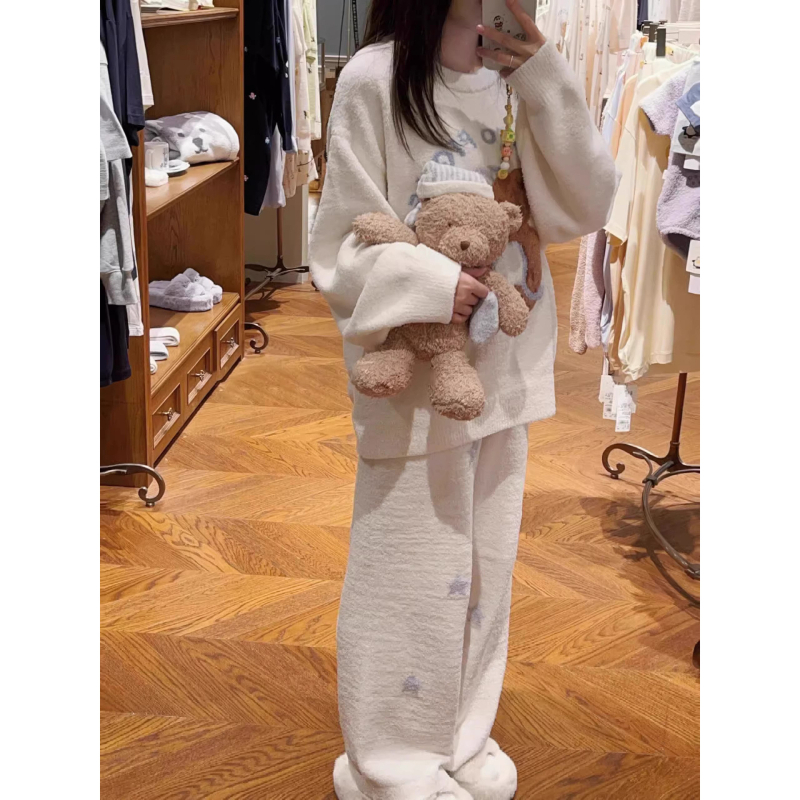 Ženski pajamski set od polvelura, debeli zimski topli, sladak medvjeđi uzorak, pogodan za kućnu i vanjsku upotrebu
