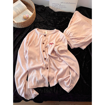 Ženski zimski pijama set s kardiganom u korejskom stilu, debeo poliester 201–250 g/m², V-izrez, dugi rukavi i hlače