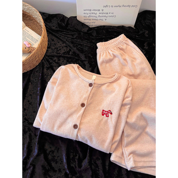 Ženski zimski pijama set s kardiganom u korejskom stilu, debeo poliester 201–250 g/m², V-izrez, dugi rukavi i hlače