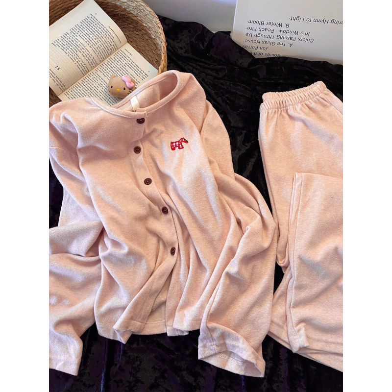 Ženski zimski pijama set s kardiganom u korejskom stilu, debeo poliester 201–250 g/m², V-izrez, dugi rukavi i hlače