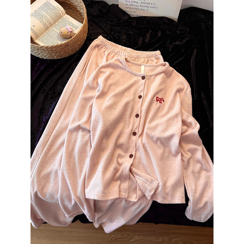 Ženski zimski pijama set s kardiganom u korejskom stilu, debeo poliester 201–250 g/m², V-izrez, dugi rukavi i hlače