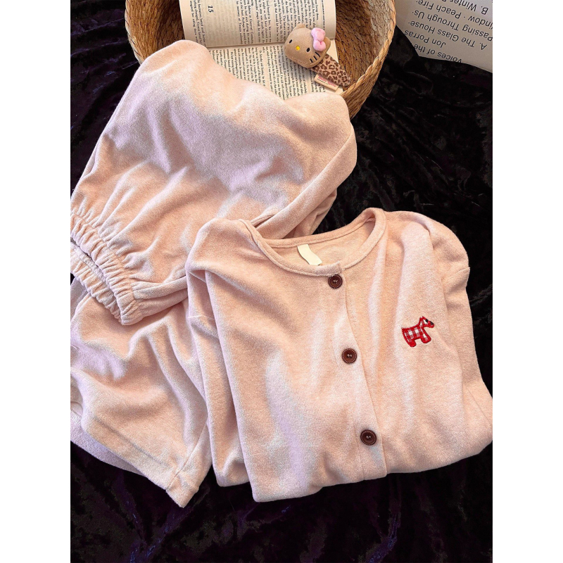 Ženski zimski pijama set s kardiganom u korejskom stilu, debeo poliester 201–250 g/m², V-izrez, dugi rukavi i hlače