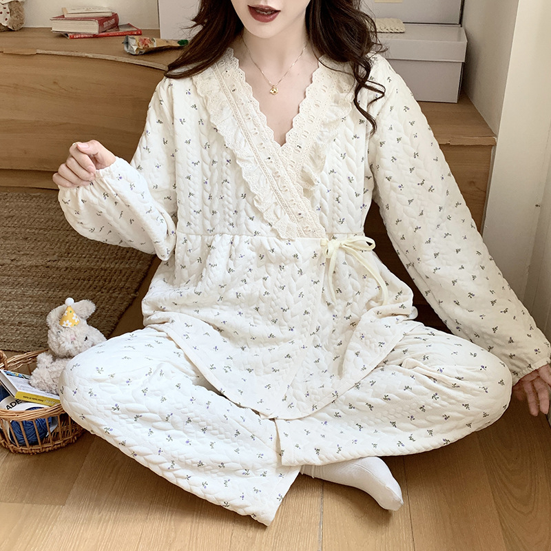 2025 kimono stil od prozračne pamuka za trudnoću za jesen-zimu, velika veličina, set pidžama za dojenje s debelim unutarnjim slojem