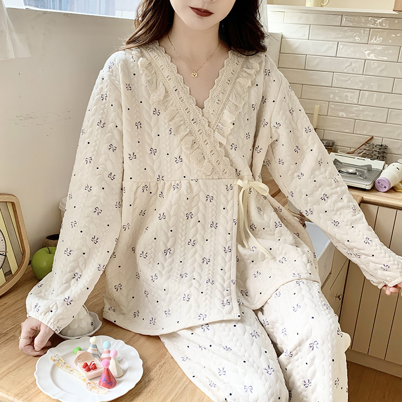 2025 kimono stil od prozračne pamuka za trudnoću za jesen-zimu, velika veličina, set pidžama za dojenje s debelim unutarnjim slojem