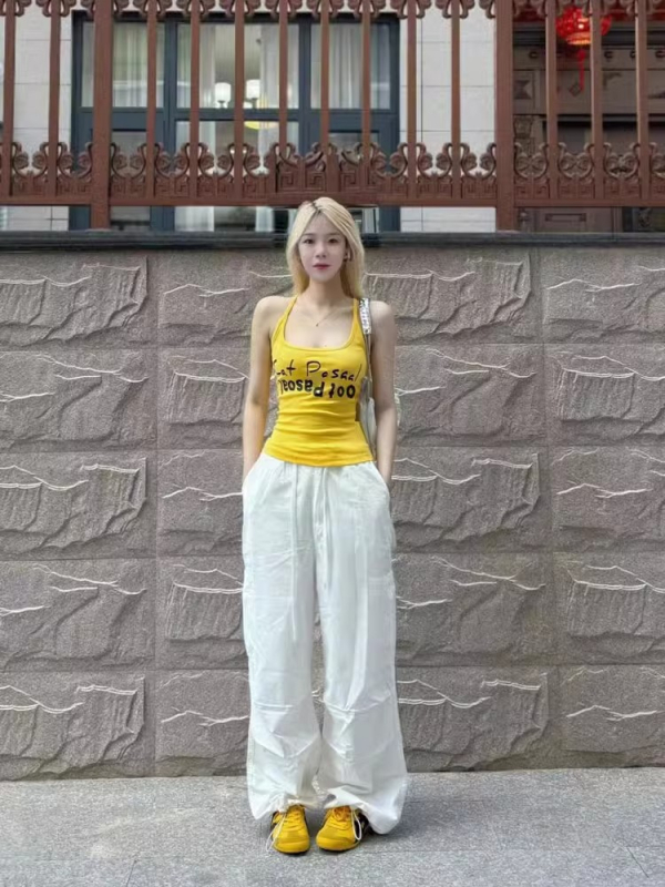 Женски халтер топ, уличен стил, тънък силует, печат с текст, памук 95%+