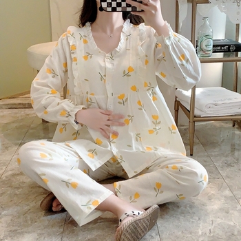 Σετ πυτζάμες θηλάσμου μετά τον τοκετό από 100% βαμβάκι, μακριά μανίκια, παντελόνια, λεπτό ύφασμα για την άνοιξη