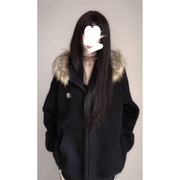 Ženska jakna s kapuljom i zipom, krzneni ovratnik, Corduroy tkanina, glavni materijal: Rabbit fur 50-70%, Ostalo <30%, Proljeće 2023