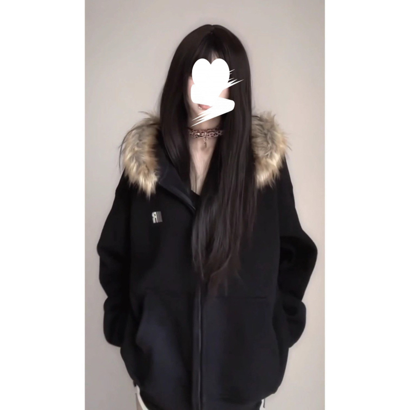 Ženska jakna s kapuljom i zipom, krzneni ovratnik, Corduroy tkanina, glavni materijal: Rabbit fur 50-70%, Ostalo <30%, Proljeće 2023