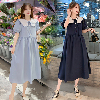 Φορμάκι εγκυμοσύνης για θηλασμό με κουμπιά μπροστά, γιακά τύπου λαπέλ, φούσκωτα μανίκια 3/4, φούστα με πατγουόρκ σε μεσαίο μήκος, ύφασμα πολυεστέρα-βαμβάκι (70–80% βαμβάκι).