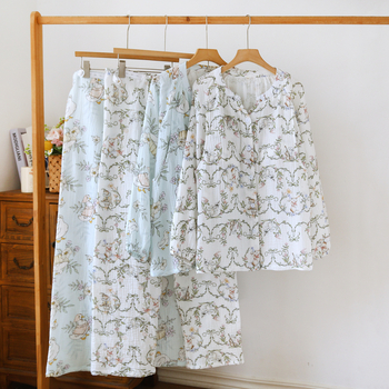 Σετ πιτζάμες εγκυμοσύνης με άνοιγμα θηλάσματος, 100% βαμβάκι, διπλής στρώσης γάζα, μακριά μανίκια και μακριά παντελόνια, μεσαίου βάρους 181-200 γρ/m²