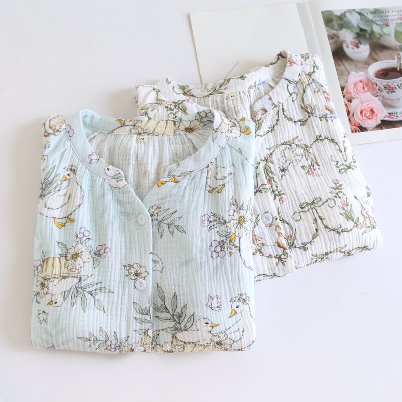 Σετ πιτζάμες εγκυμοσύνης με άνοιγμα θηλάσματος, 100% βαμβάκι, διπλής στρώσης γάζα, μακριά μανίκια και μακριά παντελόνια, μεσαίου βάρους 181-200 γρ/m²