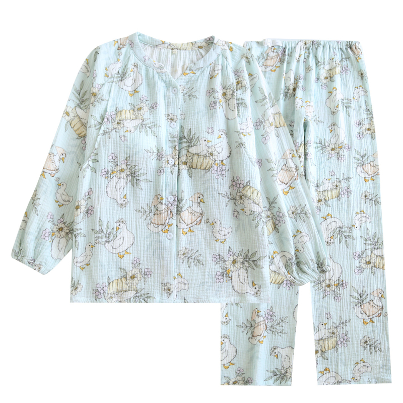 Σετ πιτζάμες εγκυμοσύνης με άνοιγμα θηλάσματος, 100% βαμβάκι, διπλής στρώσης γάζα, μακριά μανίκια και μακριά παντελόνια, μεσαίου βάρους 181-200 γρ/m²