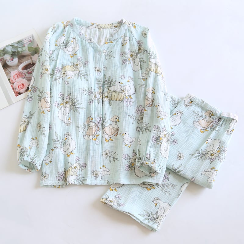 Σετ πιτζάμες εγκυμοσύνης με άνοιγμα θηλάσματος, 100% βαμβάκι, διπλής στρώσης γάζα, μακριά μανίκια και μακριά παντελόνια, μεσαίου βάρους 181-200 γρ/m²