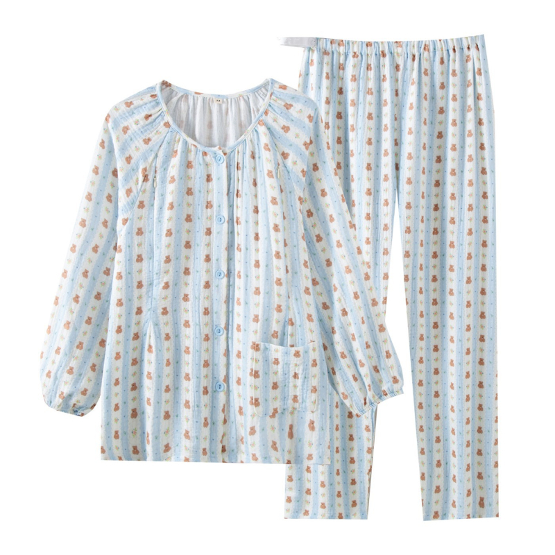 Σετ εγκυμοσύνης και θηλασμού: γλυκό αρκουδάκι με κάθετες ρίγες, 100% βαμβάκι, διπλό στρώμα γάζας, μακριά μανίκια, στρογγυλός γιακάς, σχέδιο με πτώσεις ώμων