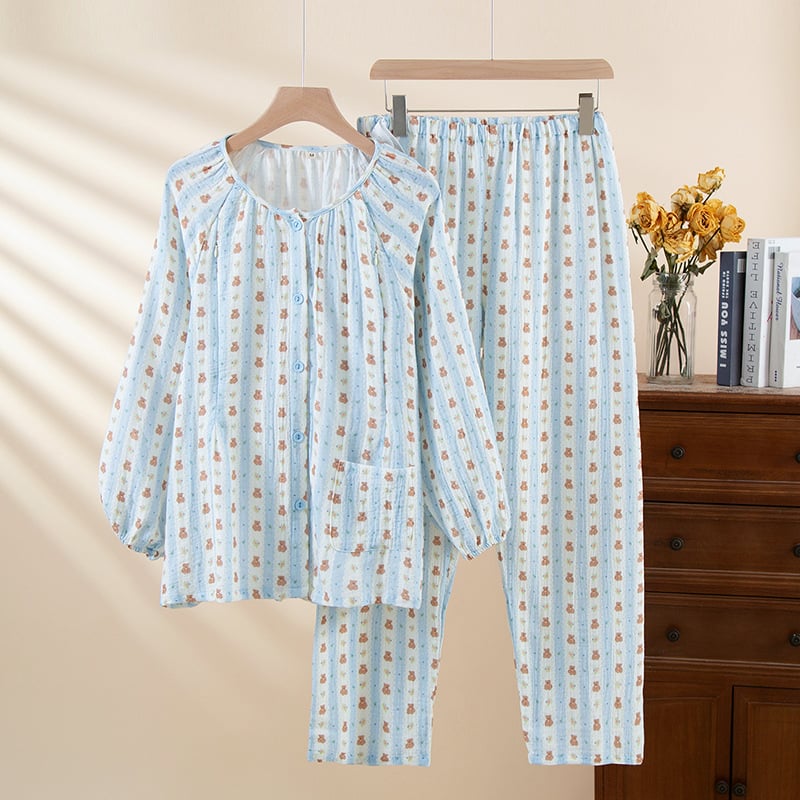 Σετ εγκυμοσύνης και θηλασμού: γλυκό αρκουδάκι με κάθετες ρίγες, 100% βαμβάκι, διπλό στρώμα γάζας, μακριά μανίκια, στρογγυλός γιακάς, σχέδιο με πτώσεις ώμων