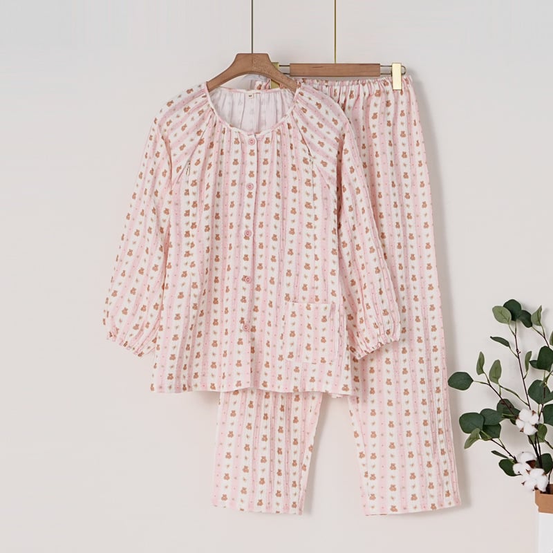 Σετ εγκυμοσύνης και θηλασμού: γλυκό αρκουδάκι με κάθετες ρίγες, 100% βαμβάκι, διπλό στρώμα γάζας, μακριά μανίκια, στρογγυλός γιακάς, σχέδιο με πτώσεις ώμων