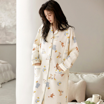 Νυχτικό θηλασμού μετά τον τοκετό, 100% βαμβάκι, παχιά και ζεστή για φθινόπωρο και χειμώνα, μακριά μανίκια