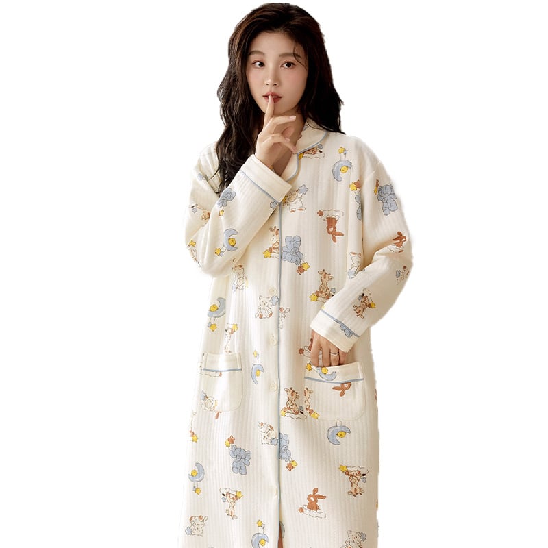 Νυχτικό θηλασμού μετά τον τοκετό, 100% βαμβάκι, παχιά και ζεστή για φθινόπωρο και χειμώνα, μακριά μανίκια