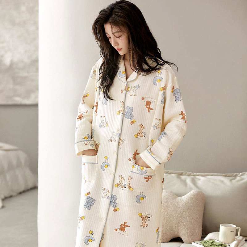 Νυχτικό θηλασμού μετά τον τοκετό, 100% βαμβάκι, παχιά και ζεστή για φθινόπωρο και χειμώνα, μακριά μανίκια