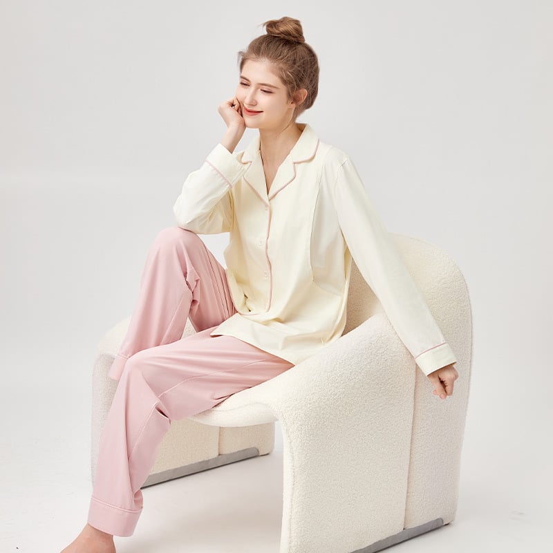 Σετ πιτζάμες εγκύου με θηλασμό – μακριά μανίκια, μακριά παντελόνια, 95–100% βαμβάκι, για άνοιξη και καλοκαίρι