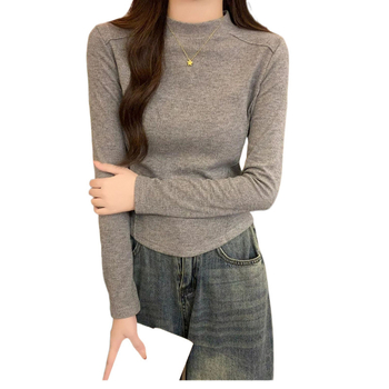 Moteriški poliesteriniai marškinėliai su fleece įdėklu, ilgos rankovės, pusiau aukštas kaklas, žuvies kaulo raštas ir išlenktas apdailos kraštas - siauras kirpimas