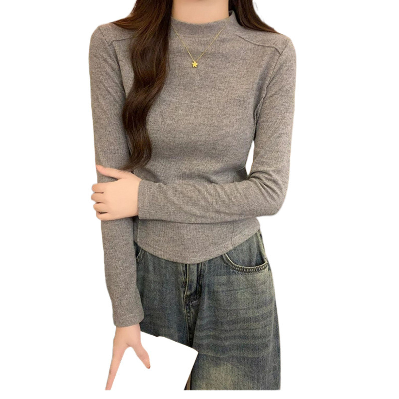 Moteriški poliesteriniai marškinėliai su fleece įdėklu, ilgos rankovės, pusiau aukštas kaklas, žuvies kaulo raštas ir išlenktas apdailos kraštas - siauras kirpimas