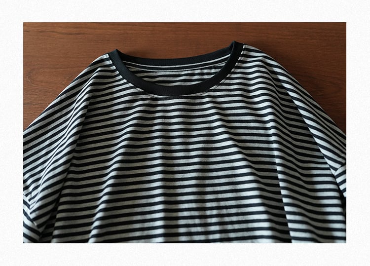 Moteriški dryžuoti marškinėliai su ilgomis rankovėmis, apvalia iškirpte, laisvas kirpimas, medvilnės-elastano mišinys